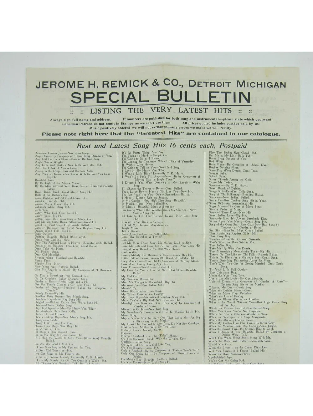 Sheet Music Jerome H. Remick & Co Advertising Special Bulletin Form Antique 1910